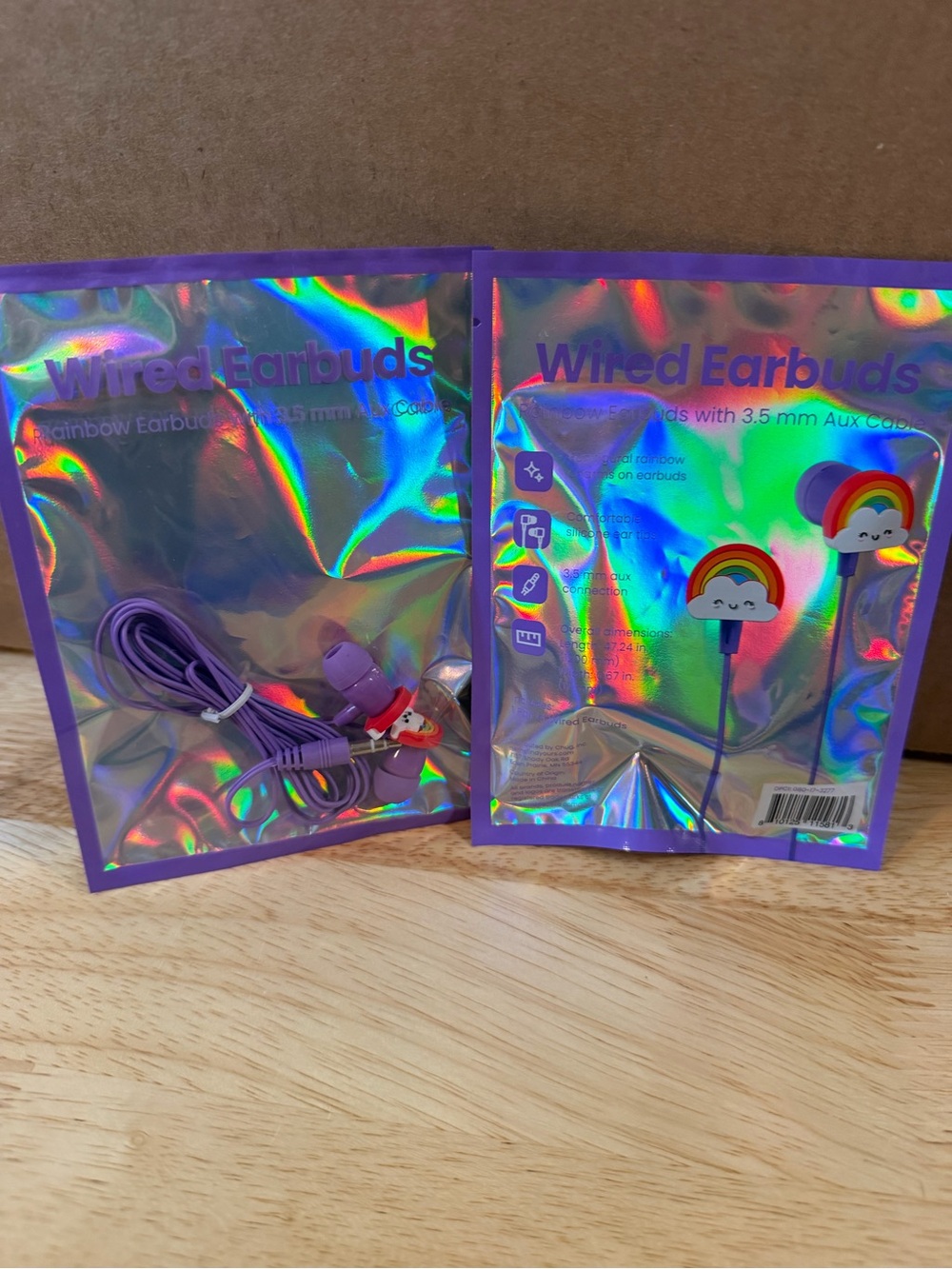 Purple Wired Earbuds with Rainbow Cloud Design Pack of 2